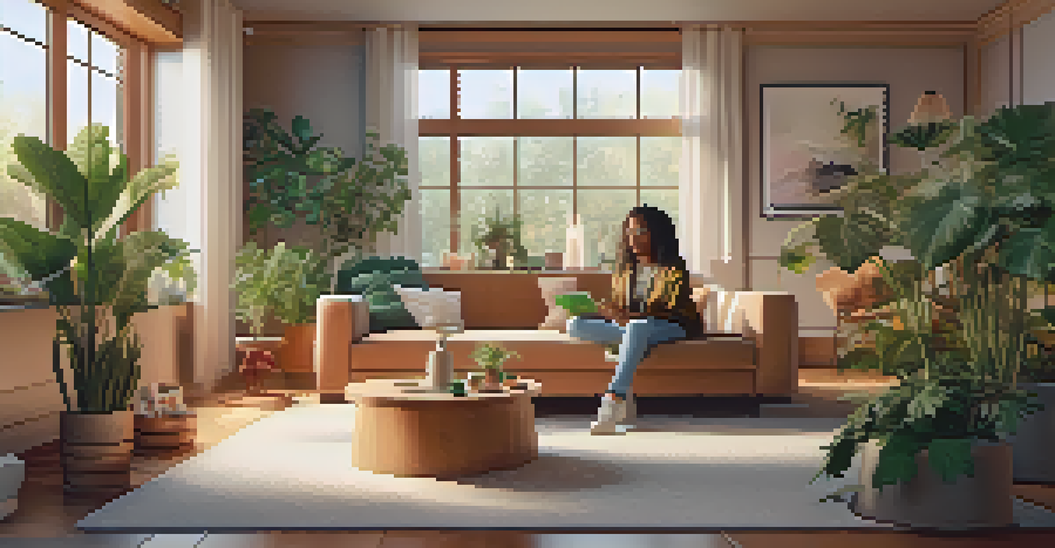 An influencer in a cozy living room, sharing their cannabis product experience, with stylish decor and warm lighting.