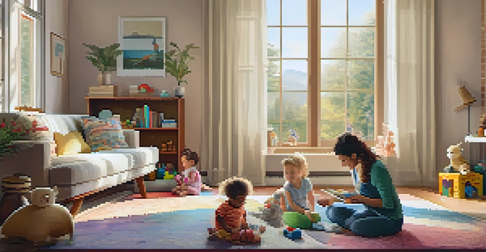 A mother and child playing together in a cozy living room filled with warm light and colorful toys.