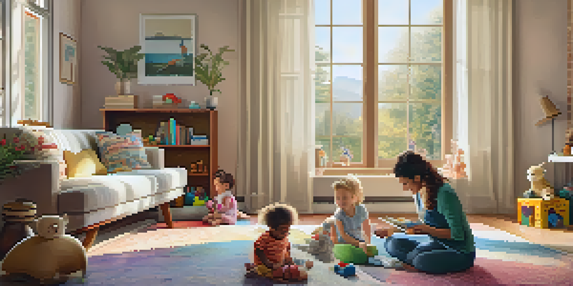 A mother and child playing together in a cozy living room filled with warm light and colorful toys.