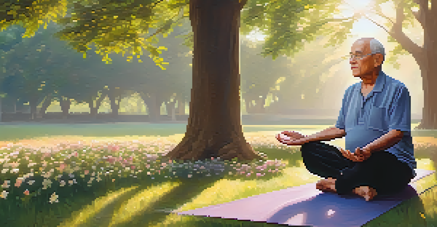 An elderly man practicing yoga in a park at sunrise, surrounded by nature.