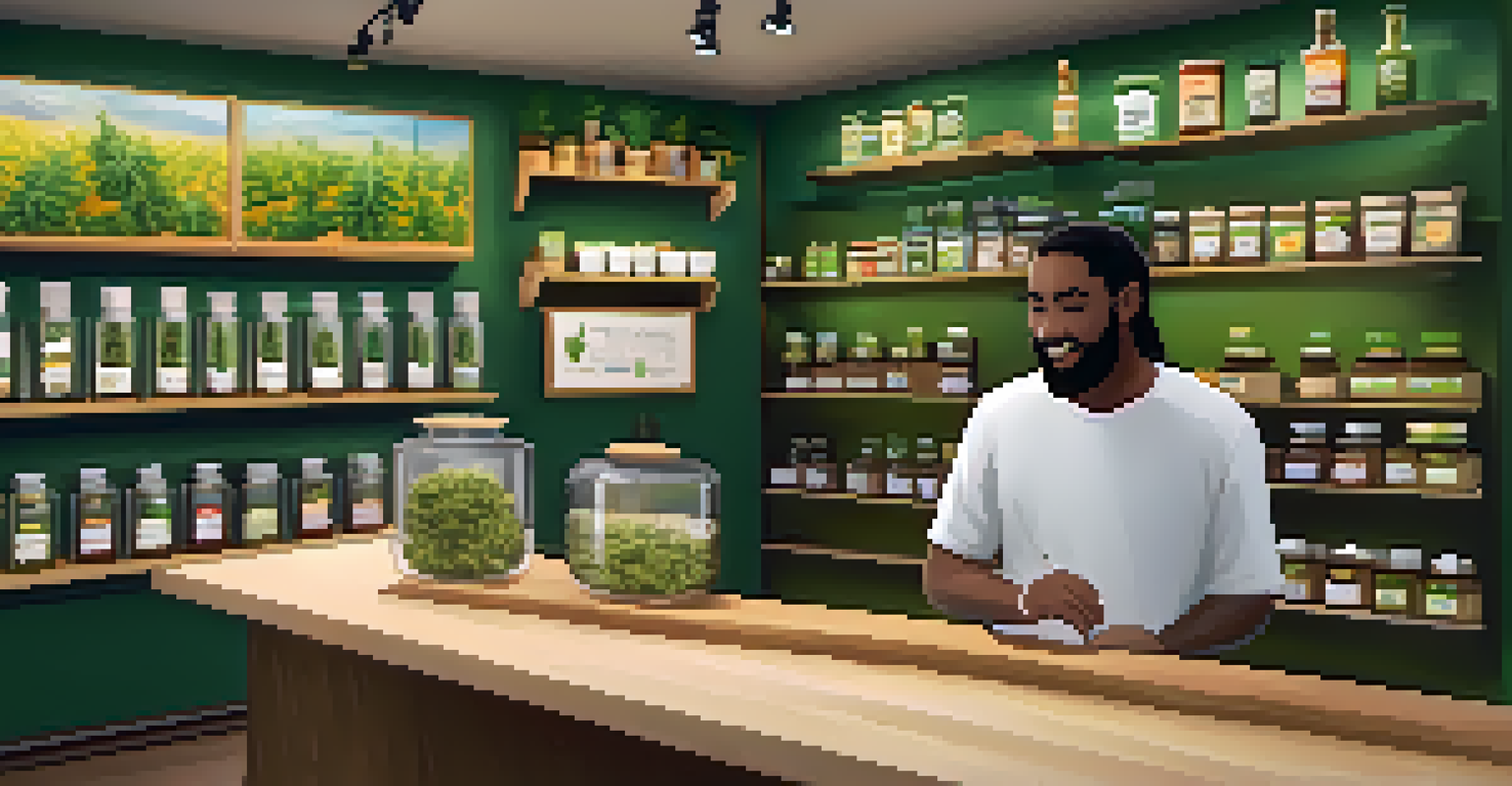 Interior of a cannabis dispensary with products on display and a staff member assisting a customer.