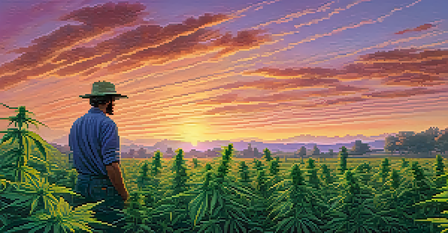 A picturesque cannabis farm during sunset with rows of cannabis plants and a farmer in the background.