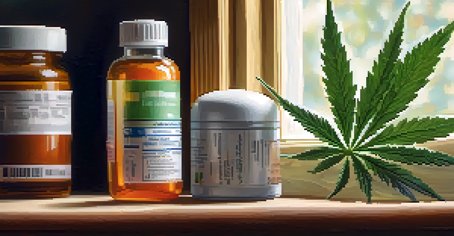 A close-up of a hand holding a prescription bottle of opioids next to a container of cannabis in a cozy home setting.