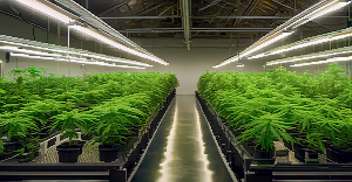 An indoor cannabis cultivation facility with rows of green plants under bright lights, showcasing detailed leaves and gardening tools.