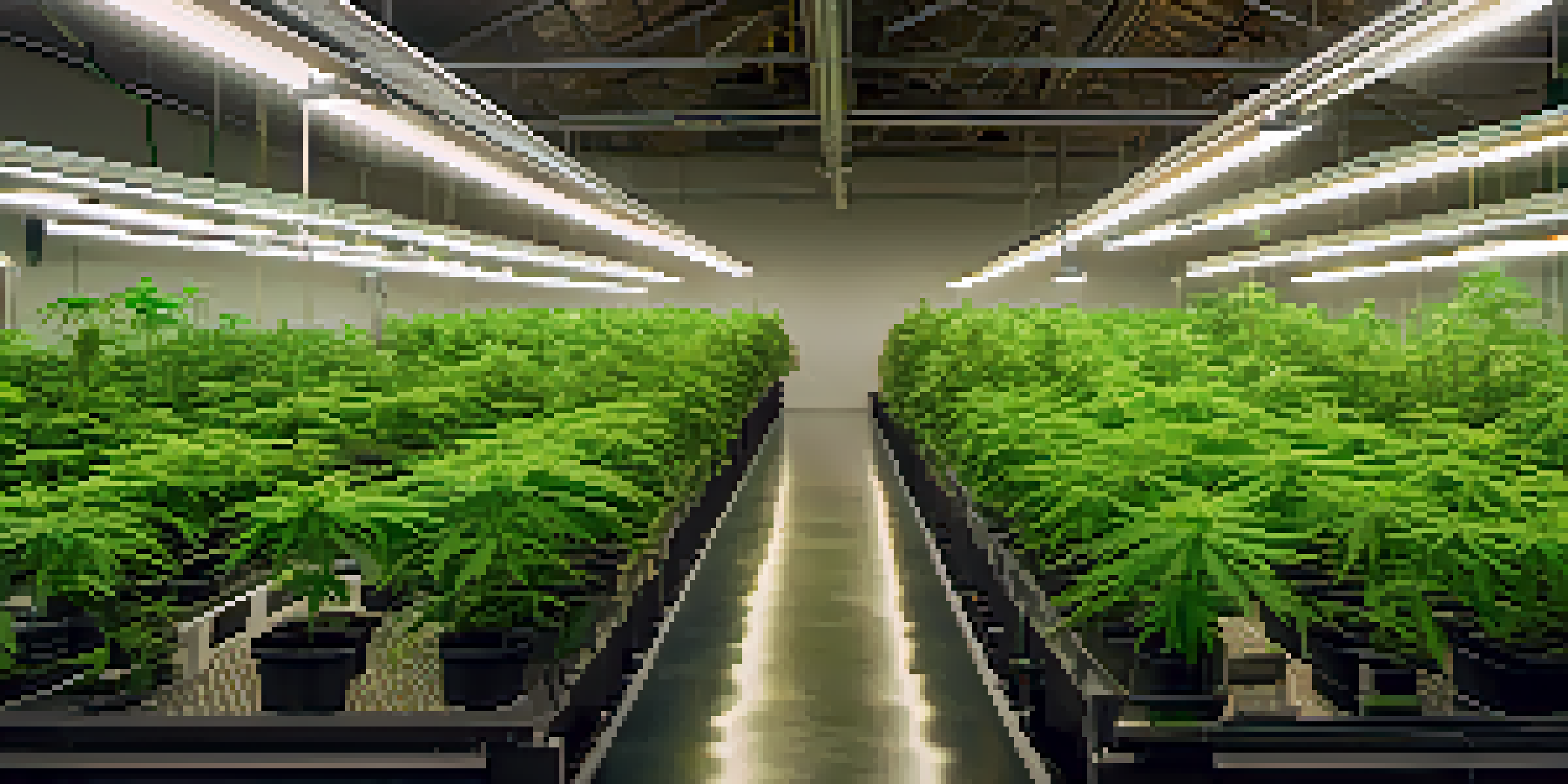An indoor cannabis cultivation facility with rows of green plants under bright lights, showcasing detailed leaves and gardening tools.