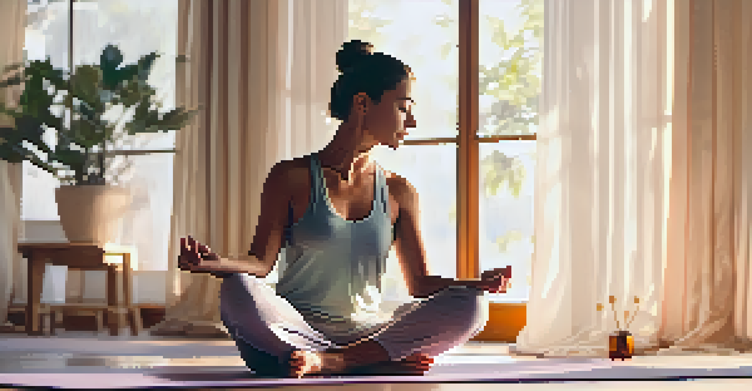 A woman meditating in a sunlit room, surrounded by soft curtains and essential oils on a table.