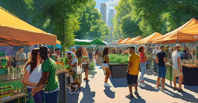 A lively outdoor cannabis market scene featuring diverse individuals interacting with colorful product booths, highlighting community and inclusivity.