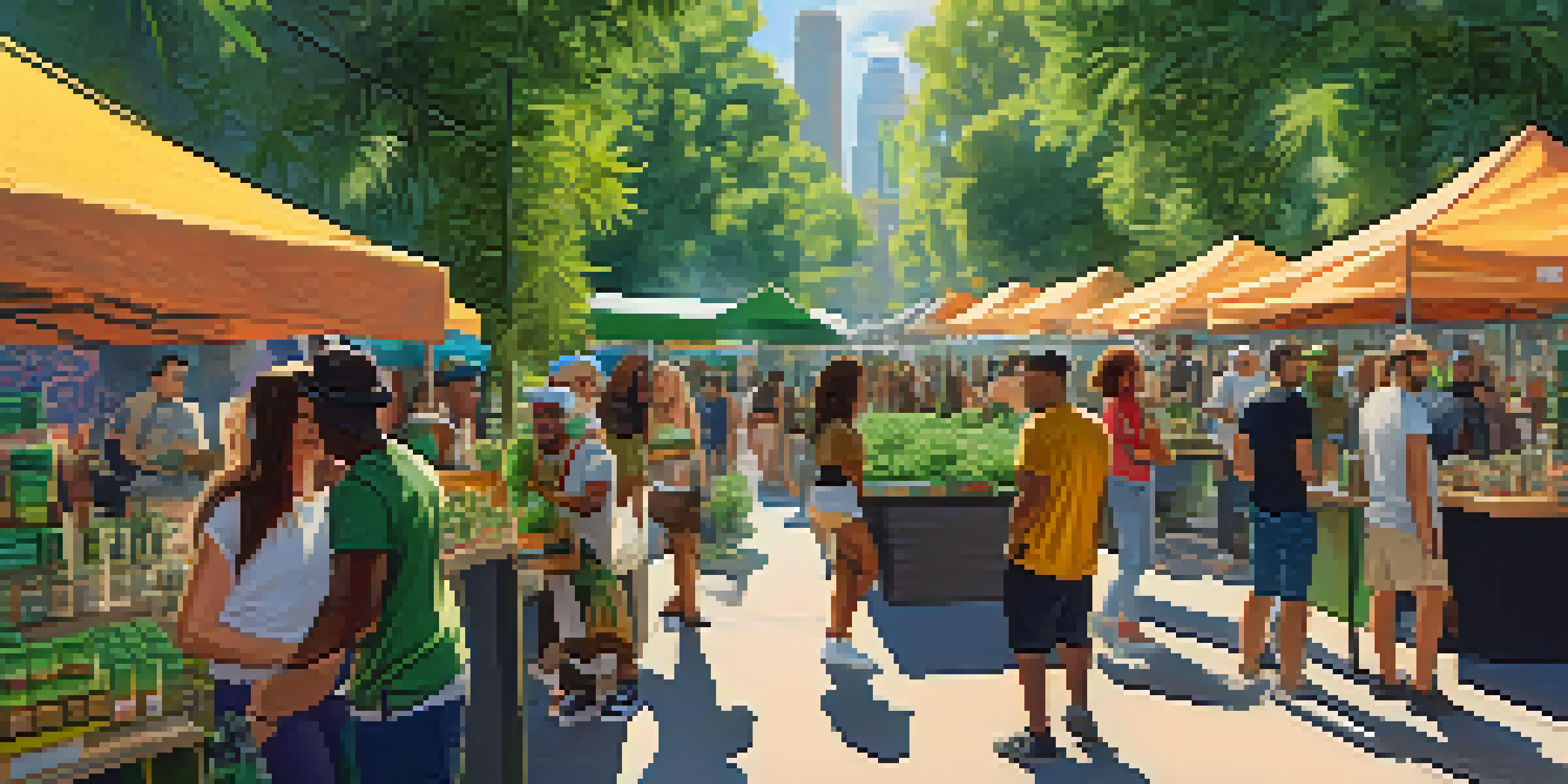 A lively outdoor cannabis market scene featuring diverse individuals interacting with colorful product booths, highlighting community and inclusivity.