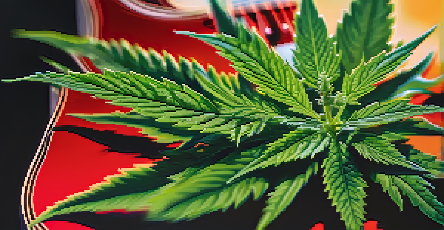 A close-up of a cannabis plant with dew drops, illuminated by sunlight, and a blurred guitar in the background.