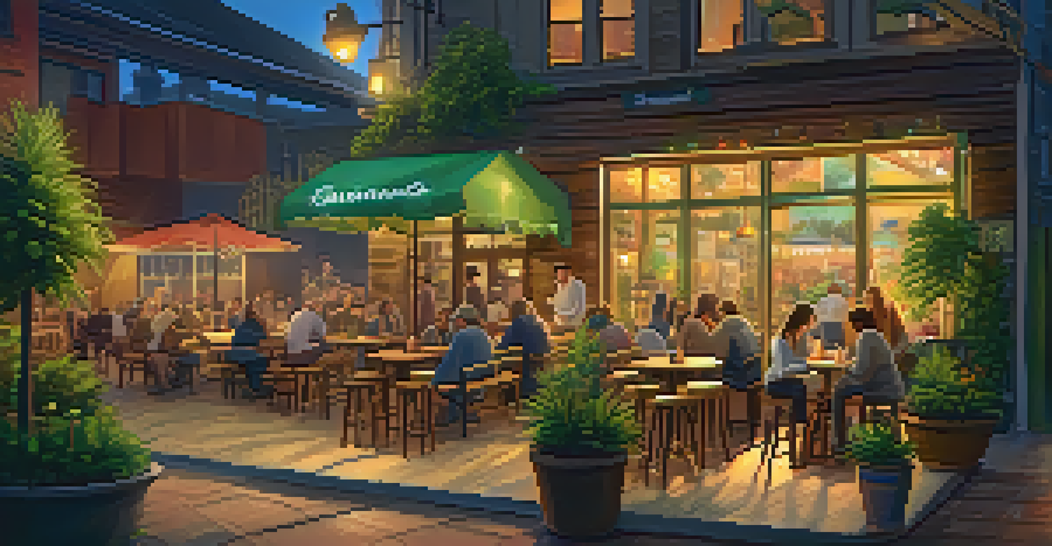 A charming café with outdoor seating in a Marijuana Business Zone, filled with patrons enjoying coffee and conversation.