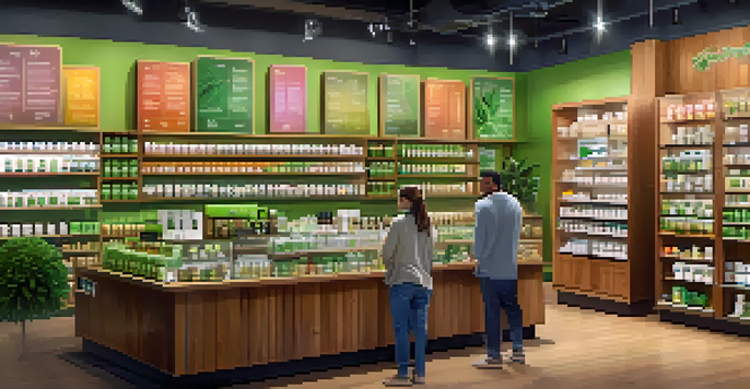 A welcoming cannabis dispensary with friendly staff and a variety of colorful products on display.