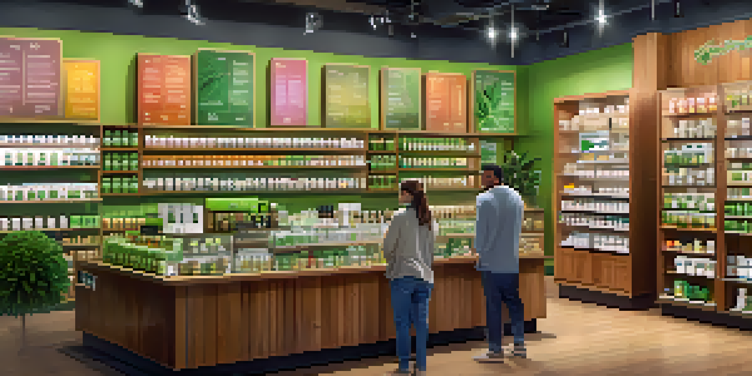 A welcoming cannabis dispensary with friendly staff and a variety of colorful products on display.