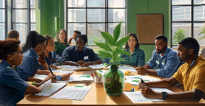 A diverse group of employees participating in a safety training workshop about marijuana use at work, with a projector displaying information.