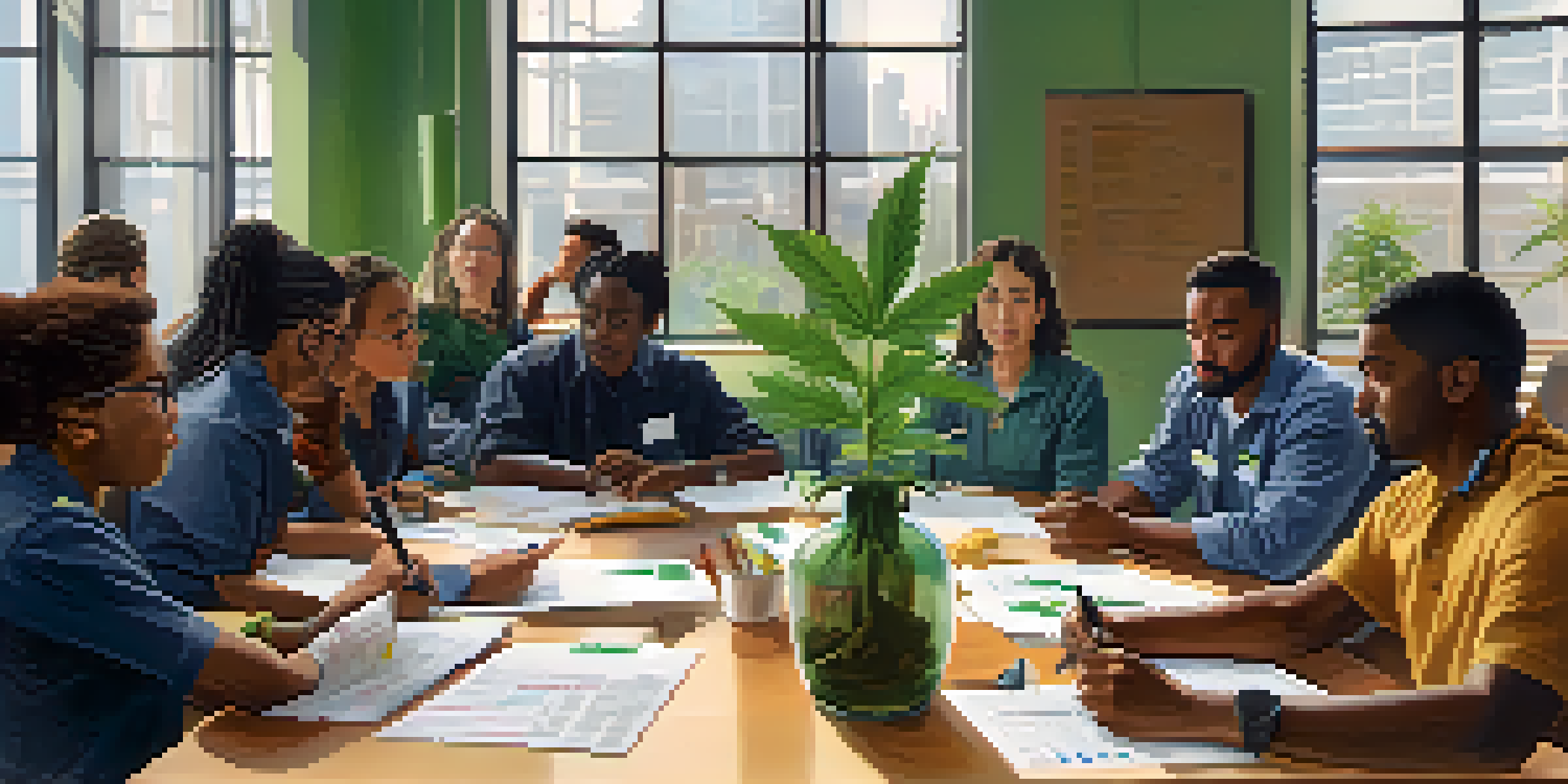 A diverse group of employees participating in a safety training workshop about marijuana use at work, with a projector displaying information.