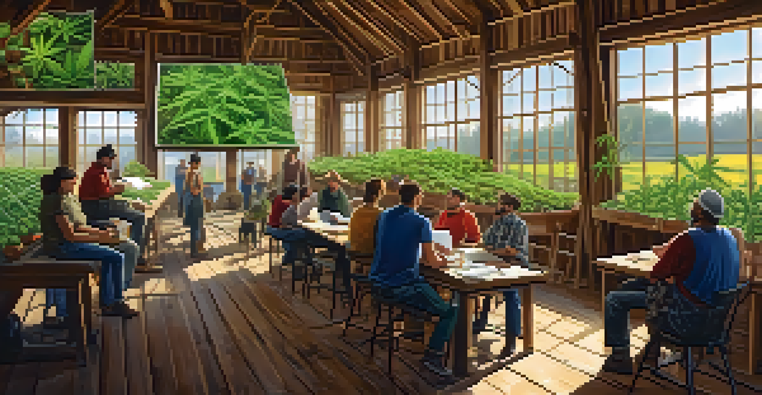Farmers attending a cannabis cultivation workshop in a rustic barn filled with natural light.