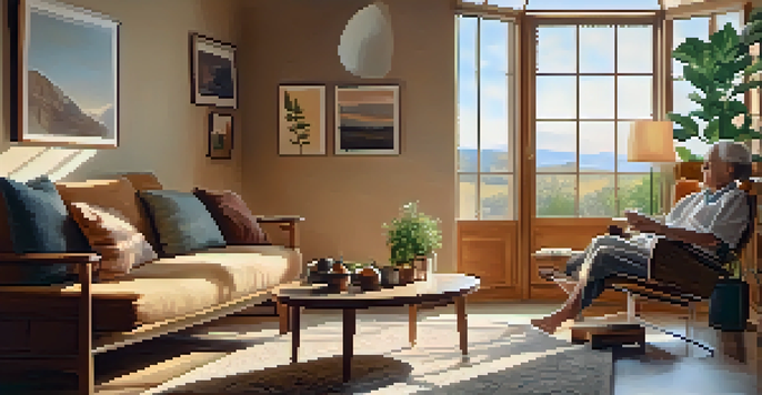 An elderly person sitting in a cozy living room, holding a bottle of CBD oil, with soft natural light coming through a window.