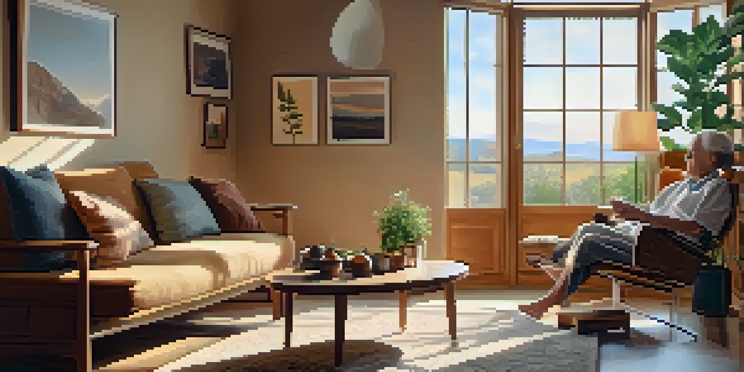 An elderly person sitting in a cozy living room, holding a bottle of CBD oil, with soft natural light coming through a window.