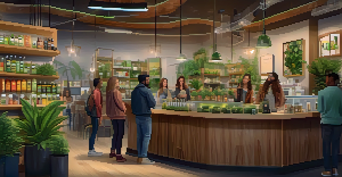 A busy marijuana dispensary with various customers looking at products and a budtender assisting them in a warmly lit environment.