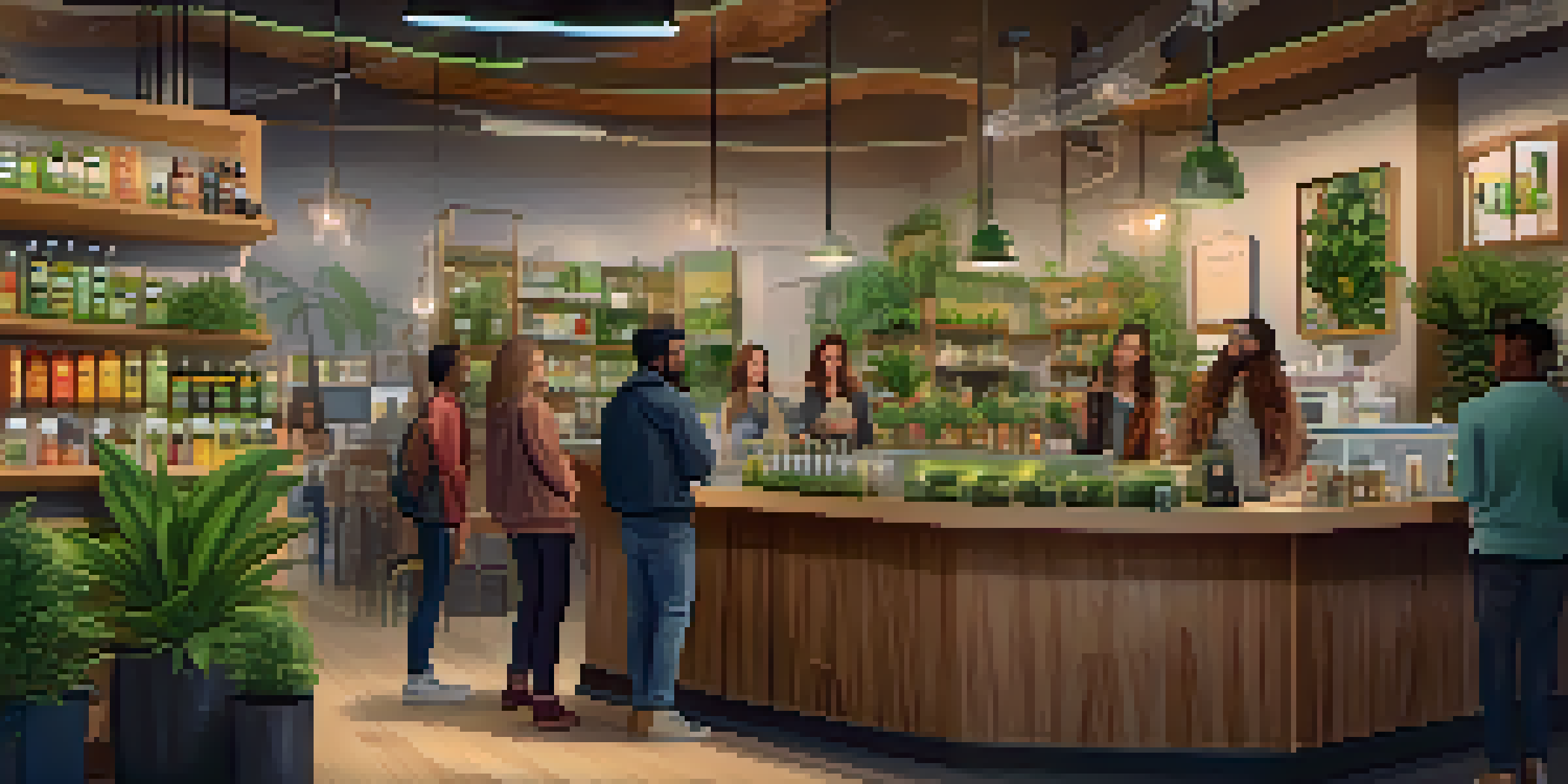 A busy marijuana dispensary with various customers looking at products and a budtender assisting them in a warmly lit environment.