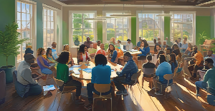 A diverse group of people gathered around a table in a bright room, discussing marijuana policy with laptops and papers.