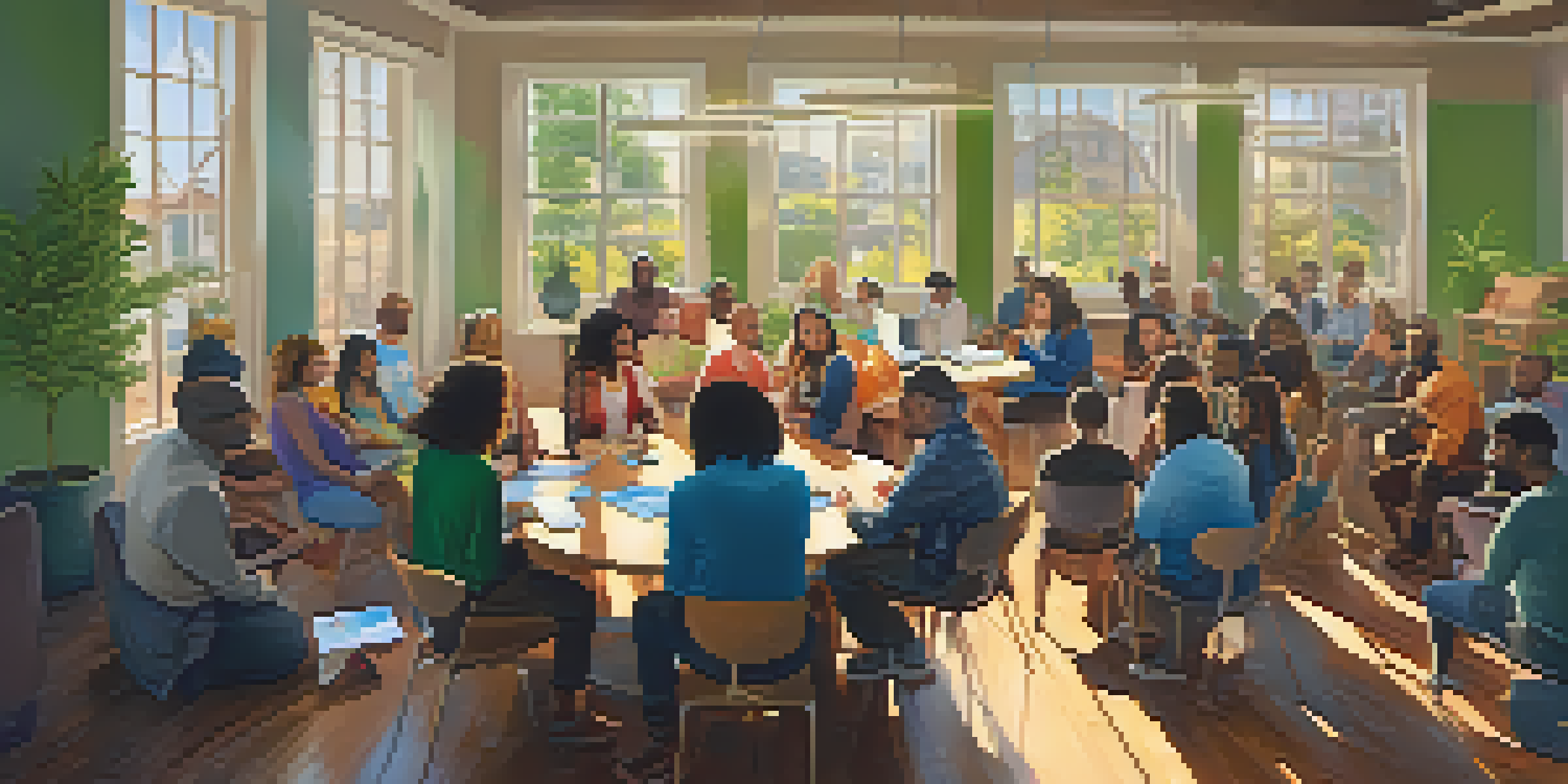 A diverse group of people gathered around a table in a bright room, discussing marijuana policy with laptops and papers.