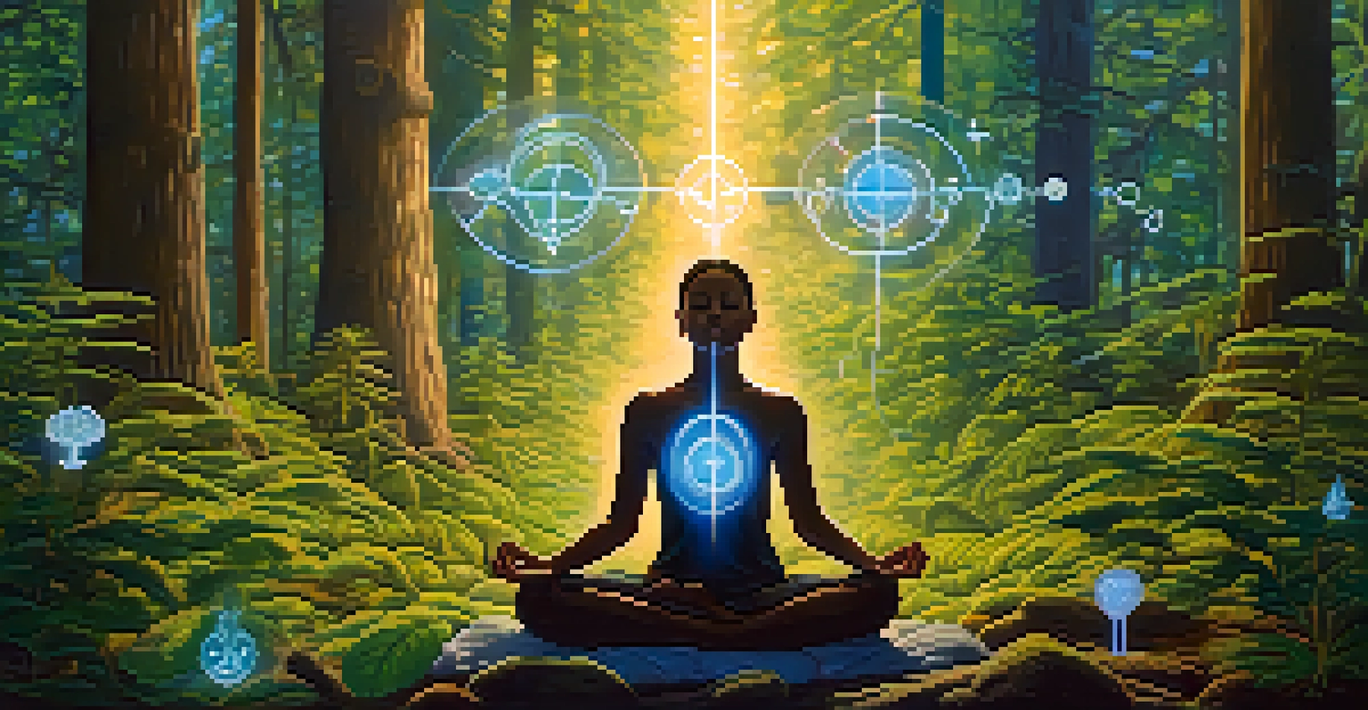 Person meditating in a sunlit forest with glowing symbols representing neurotransmitters.