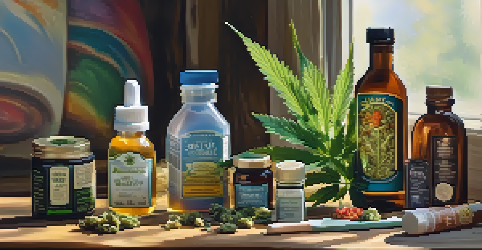 A close-up view of colorful cannabis products including edibles and oil bottles on a wooden table, illuminated by natural light.