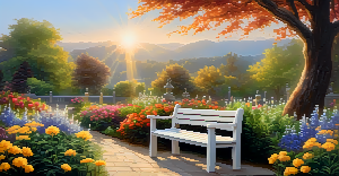 A tranquil garden filled with colorful flowers and a sunset in the background, with a wooden bench in the foreground.
