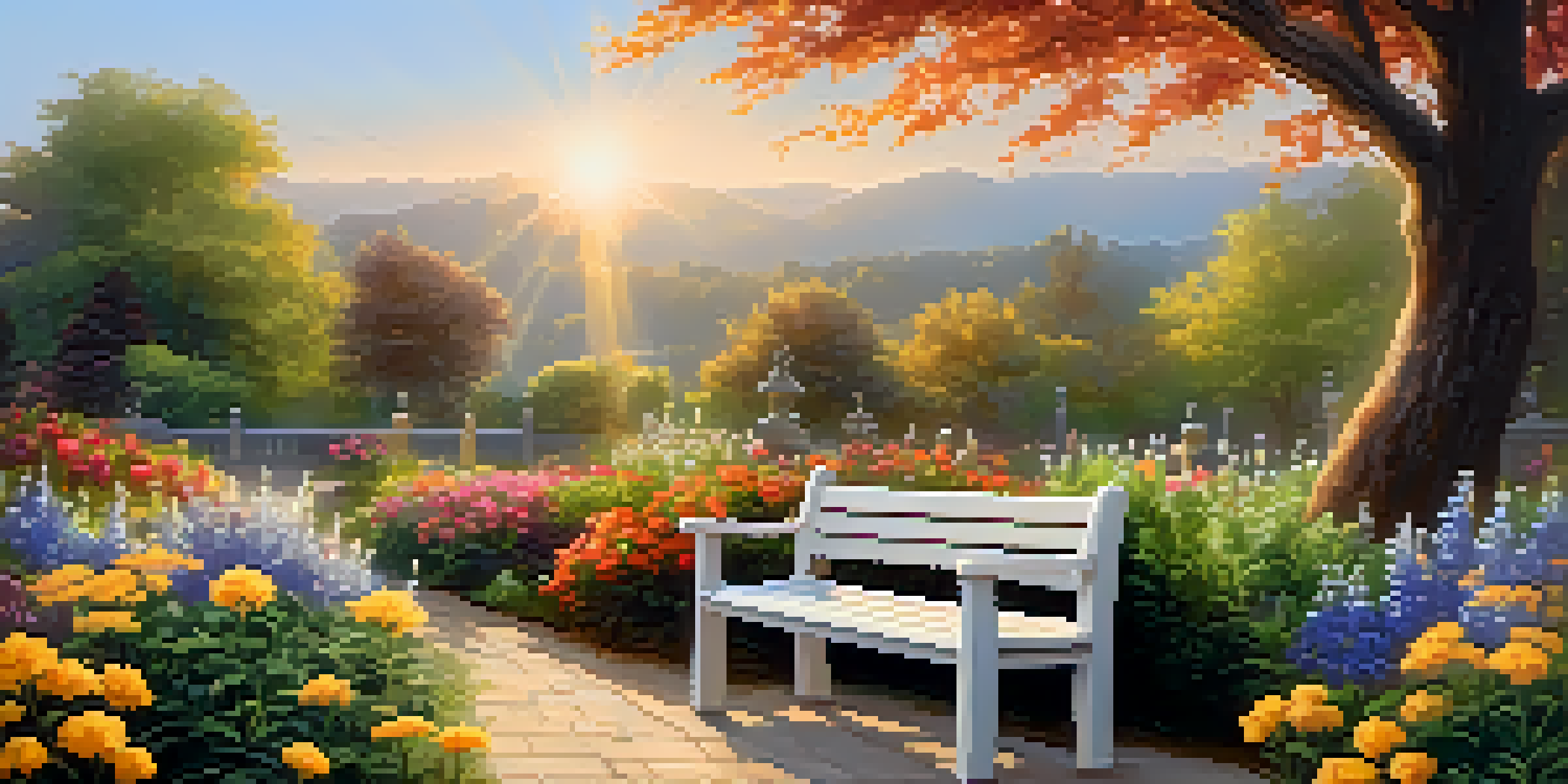 A tranquil garden filled with colorful flowers and a sunset in the background, with a wooden bench in the foreground.