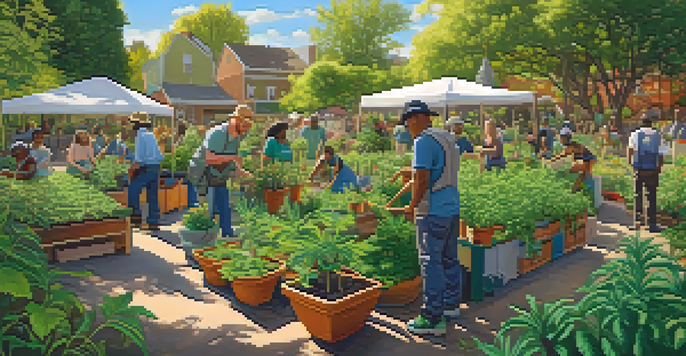 A diverse group of people working in a community garden, cultivating cannabis plants under warm sunlight.