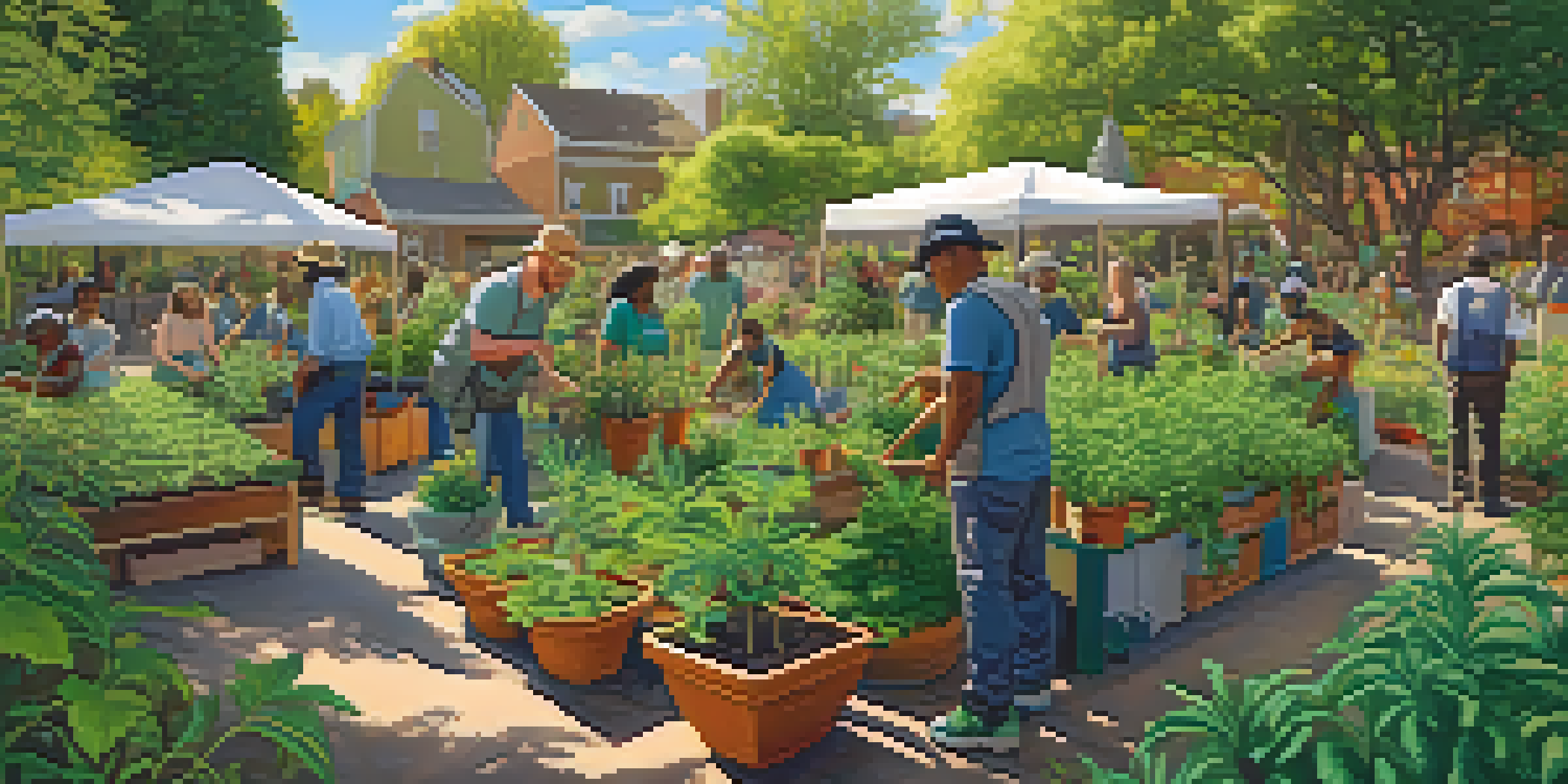 A diverse group of people working in a community garden, cultivating cannabis plants under warm sunlight.