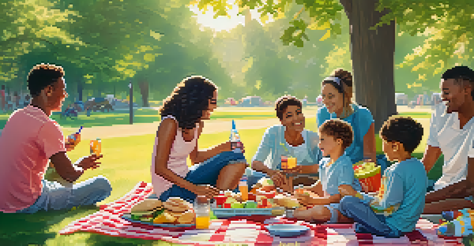A joyful family picnic in a park, with children playing and a picnic blanket filled with healthy snacks and colorful drinks.