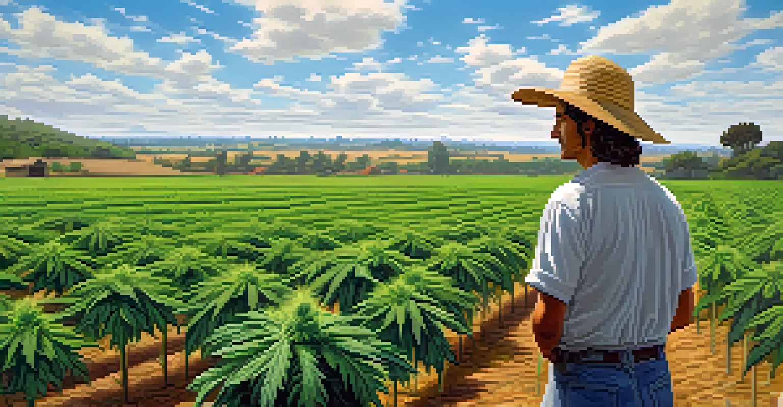 A peaceful cannabis farm landscape in Uruguay with rows of green plants and a farmer tending to them under a clear blue sky.