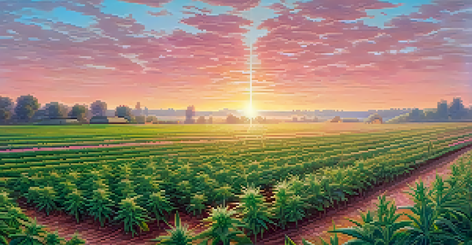 A cannabis farm at sunrise with green plants, dew on leaves, mist in the background, and bees pollinating flowers.