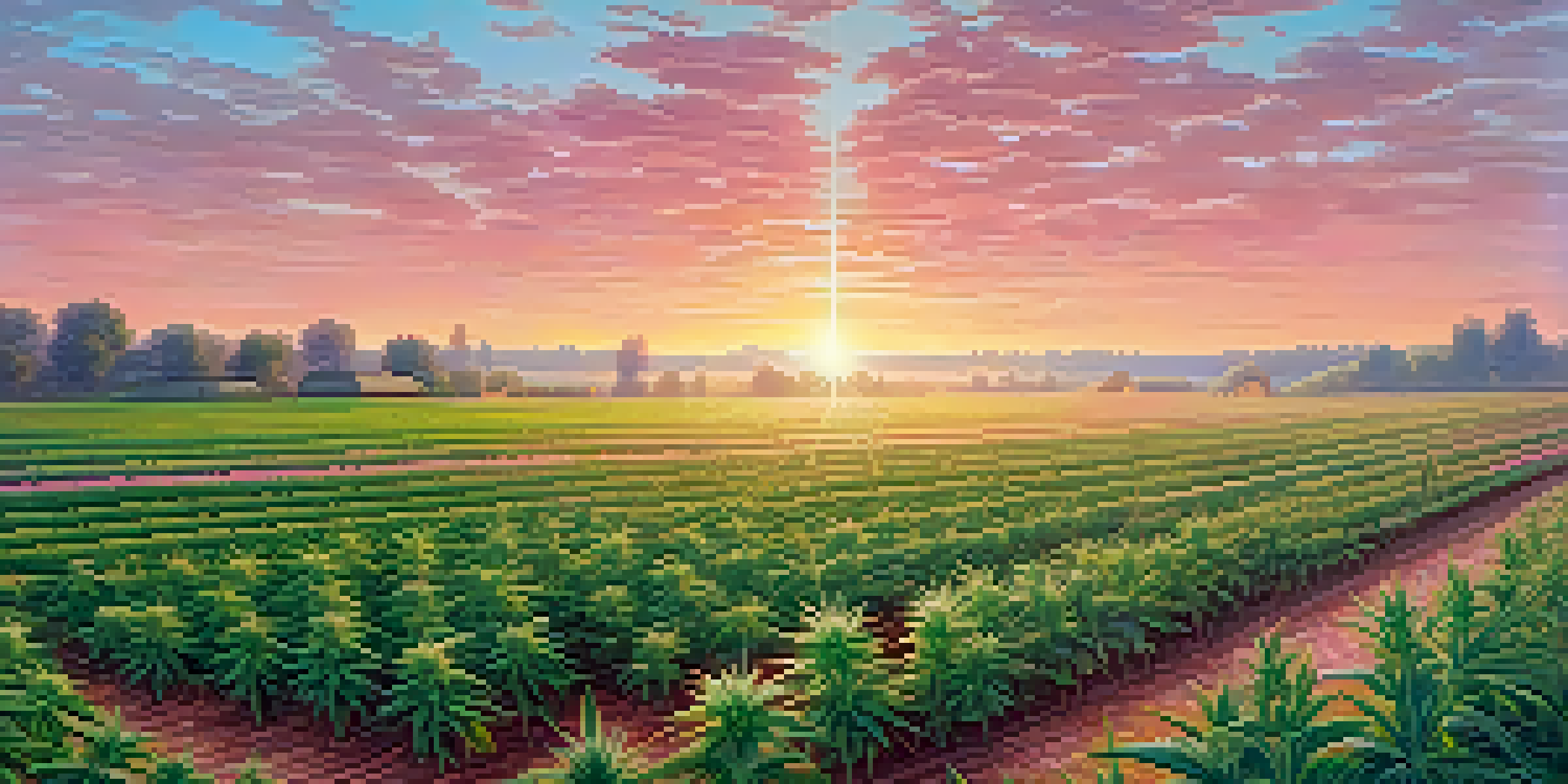A cannabis farm at sunrise with green plants, dew on leaves, mist in the background, and bees pollinating flowers.