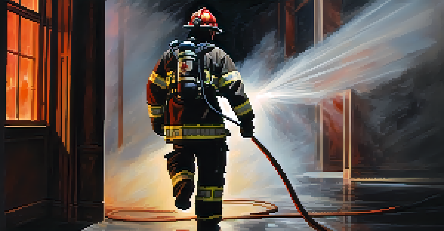 A firefighter in full gear maneuvering through a smoke-filled room, demonstrating bravery and focus amidst a challenging environment.