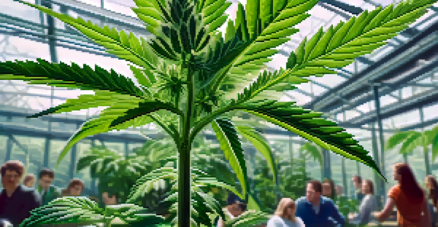 A close-up view of a healthy marijuana plant in a greenhouse, with rich green leaves and buds, symbolizing growth.