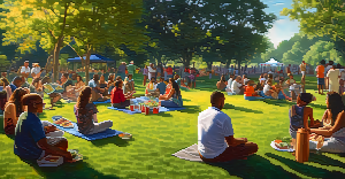 A lively community gathering in a park with people of diverse backgrounds enjoying activities like painting, music, and food under warm sunlight.