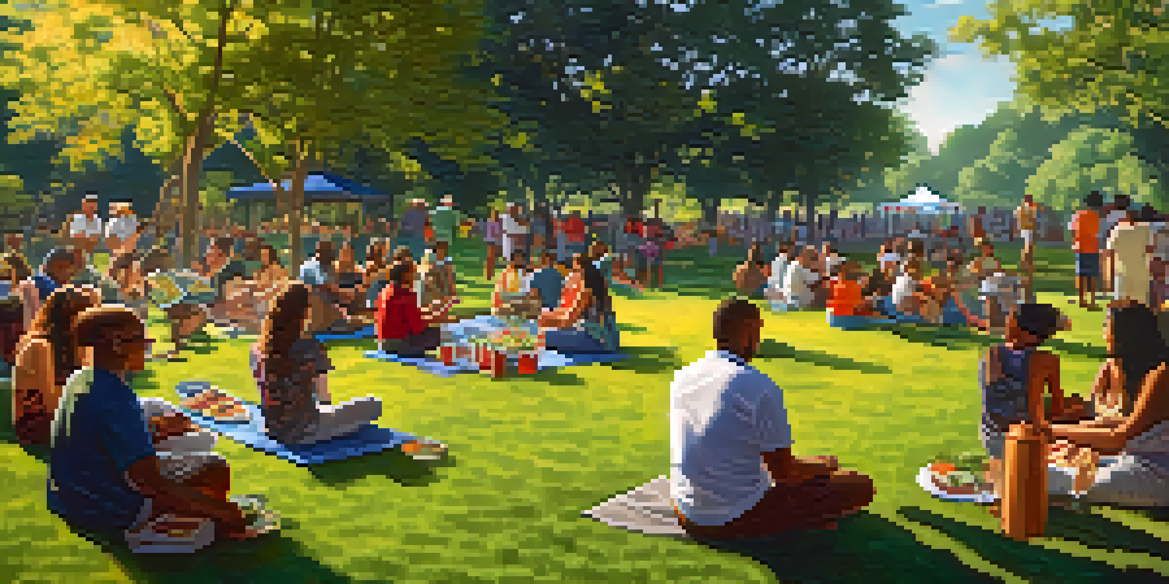A lively community gathering in a park with people of diverse backgrounds enjoying activities like painting, music, and food under warm sunlight.