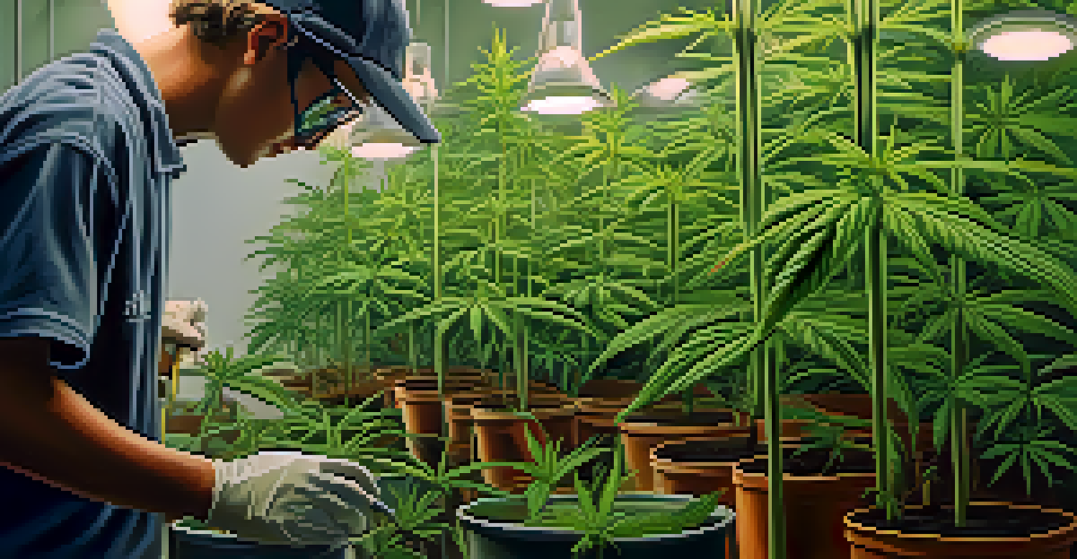 A close-up of cannabis plants being cultivated indoors, highlighting the details of the leaves and buds under soft lighting.