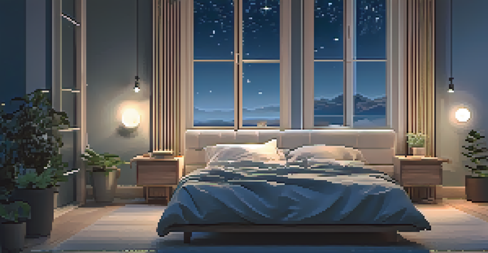 A cozy bedroom with a neatly made bed, a bedside lamp casting a warm glow, and a view of a starry night sky through the window.