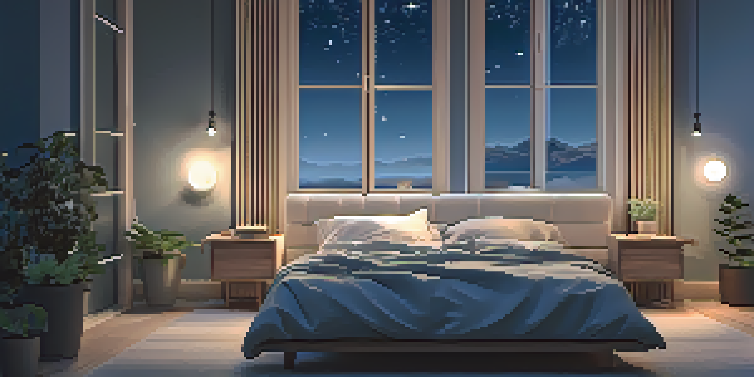 A cozy bedroom with a neatly made bed, a bedside lamp casting a warm glow, and a view of a starry night sky through the window.