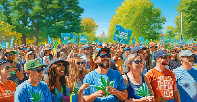 A lively community rally with diverse participants advocating for marijuana legalization, holding colorful signs in a sunny park.