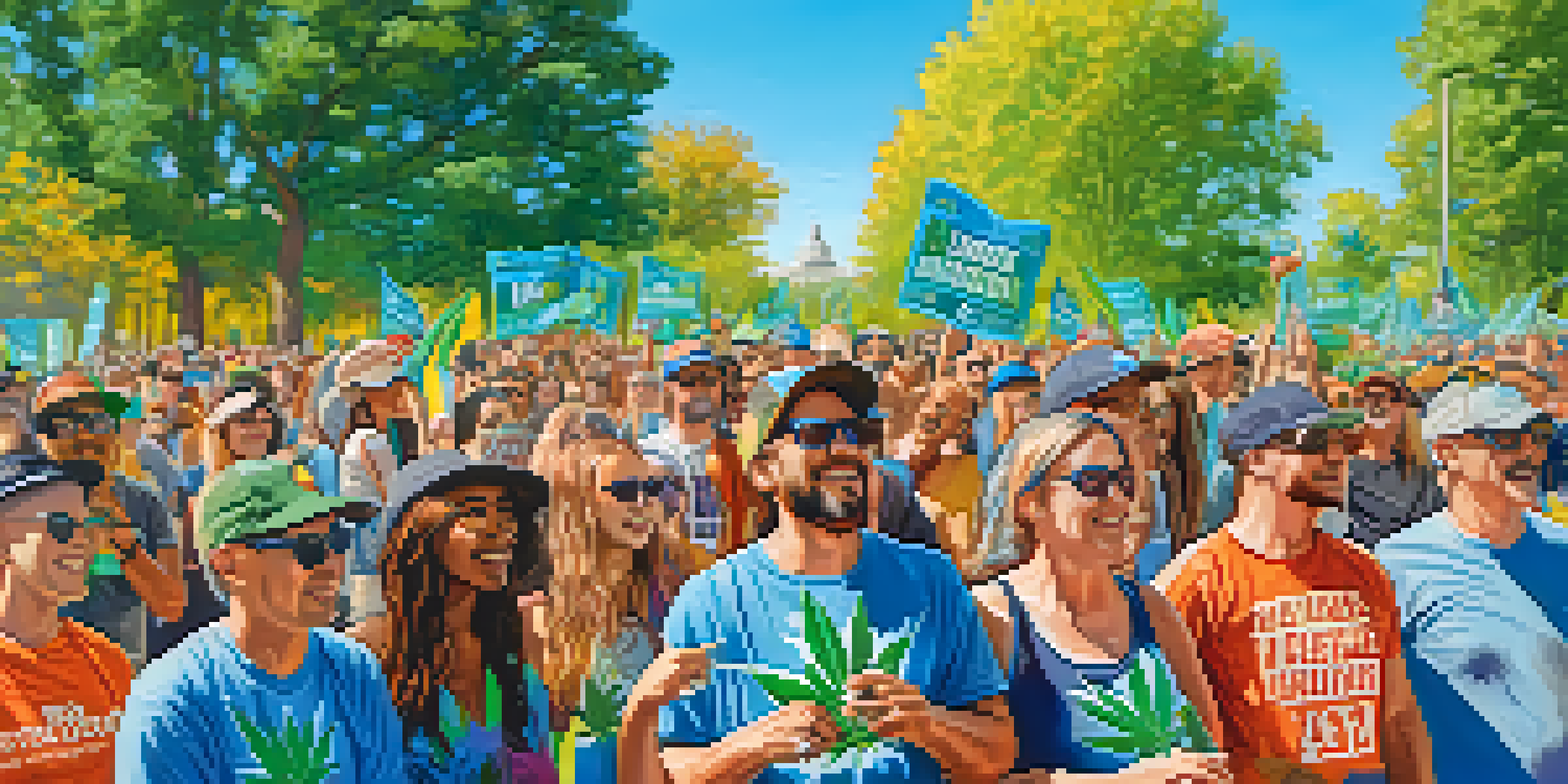 A lively community rally with diverse participants advocating for marijuana legalization, holding colorful signs in a sunny park.