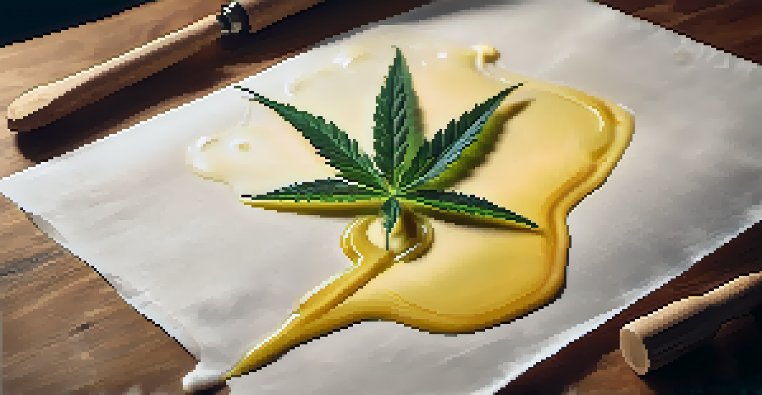 A close-up of cannabis wax on parchment paper with a dab tool and dish in a warm-lit setting.