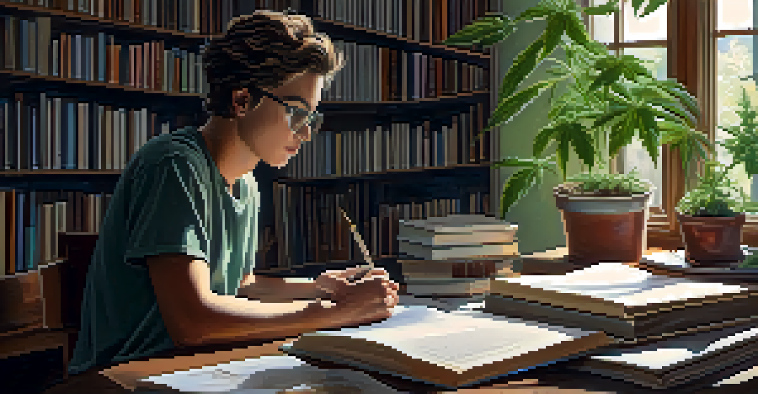 A young adult at a desk surrounded by books researching cannabis, with natural light illuminating the room and a potted plant nearby.
