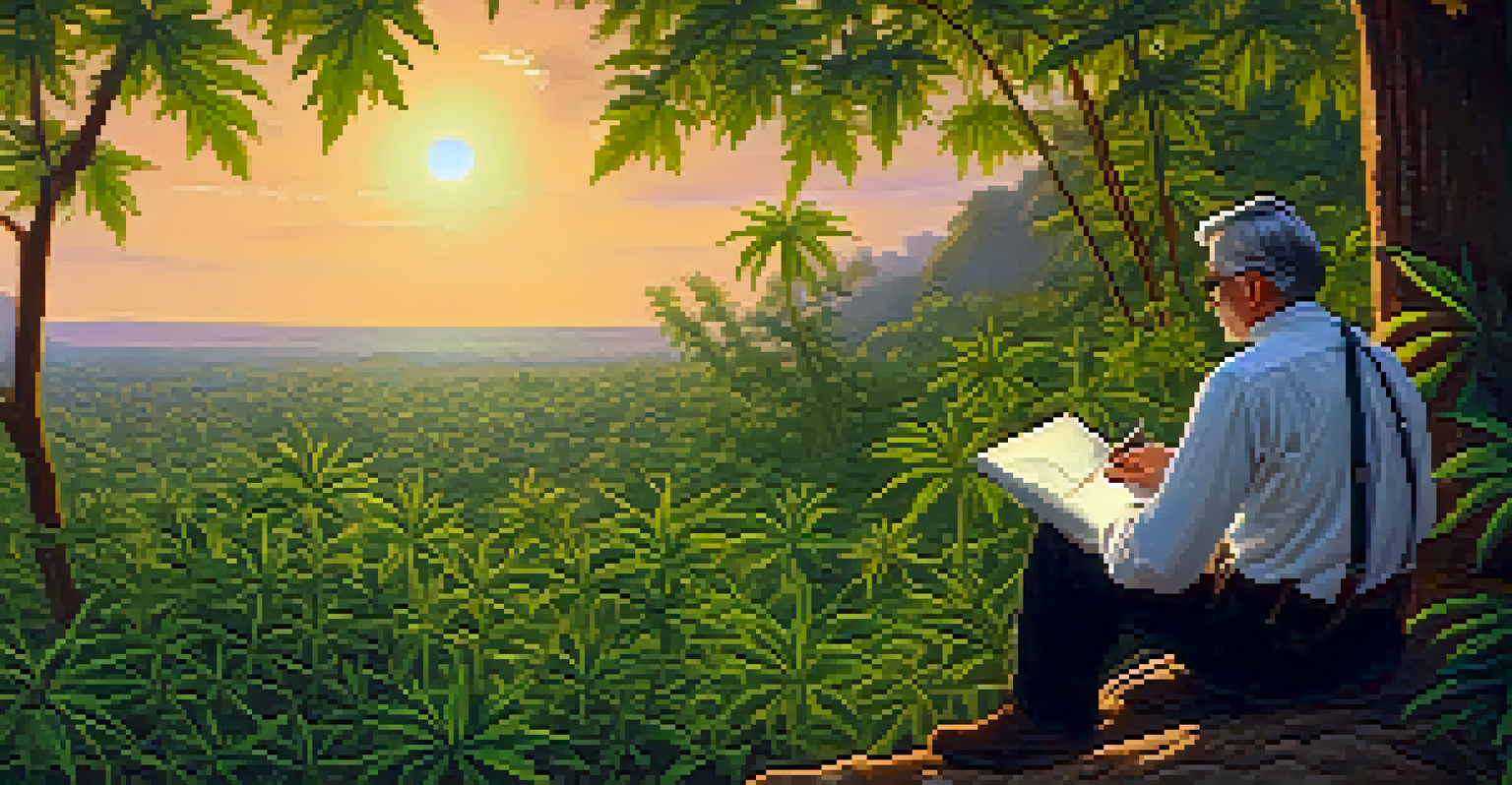 An illustration of Dr. William O'Shaughnessy in an Indian landscape, conducting research on cannabis plants at sunset.