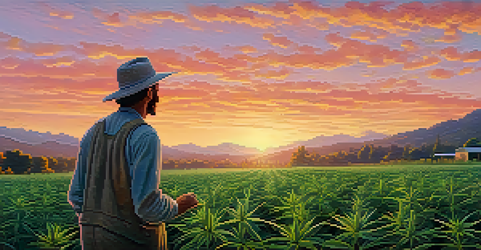 A beautiful outdoor cannabis cultivation field at sunrise with a farmer inspecting the plants.