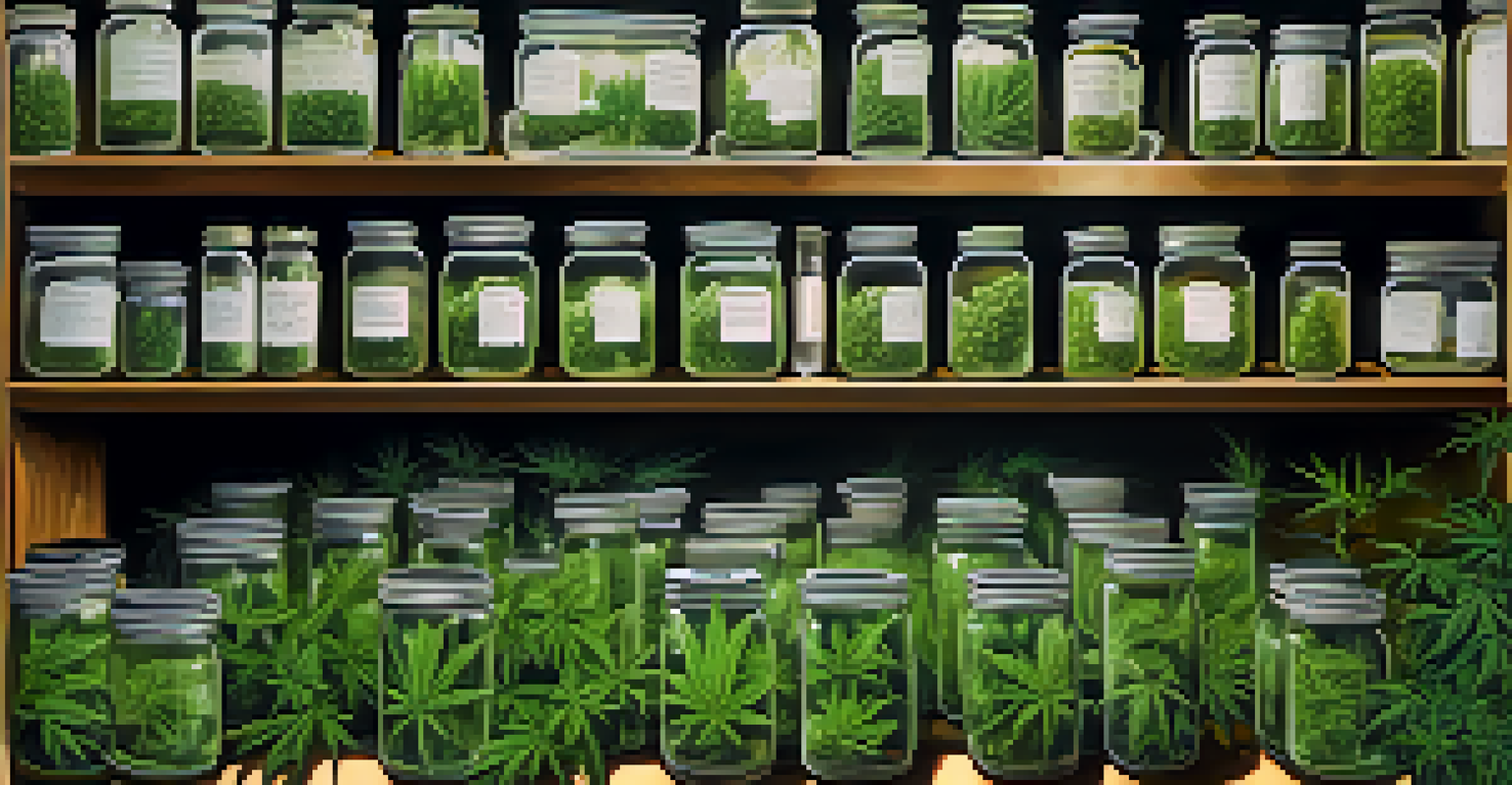 A close-up of a healthy cannabis plant with water droplets, surrounded by jars of cannabis products in a blurred background.