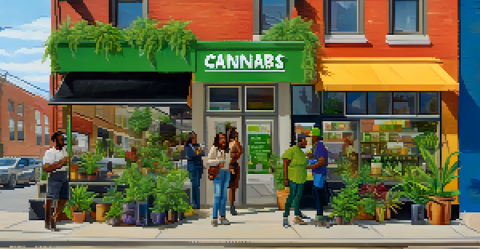 A diverse group of people interacting outside a cannabis dispensary with colorful signage and plants, conveying a sense of community and entrepreneurship.